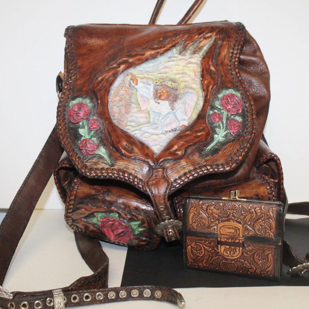 New Handmade Tooled Roses Angel Backpack & Wallet